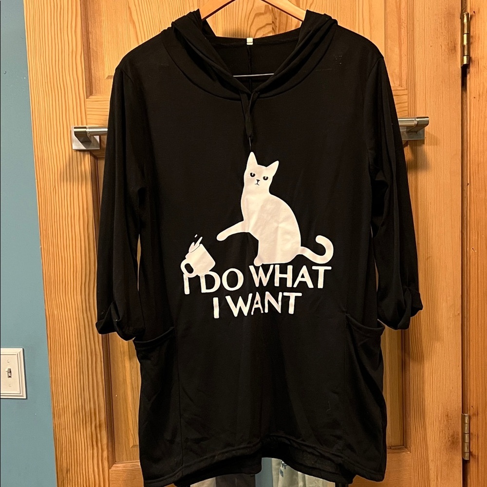 Black Cat Hoodie  Shirt with White Print Oversized 3/4 sleeves Sz M